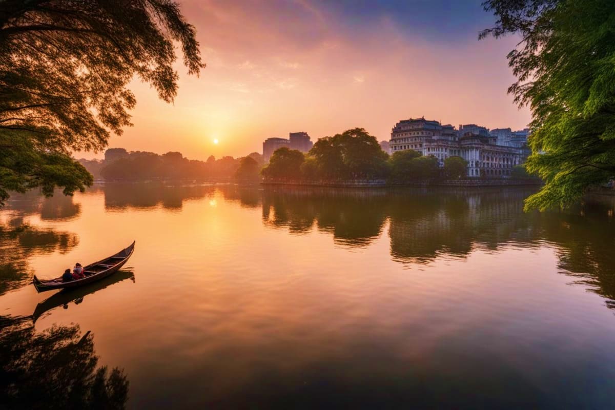 Sunrise over calm river with traditional wooden boat, colonial buildings reflected in water, tree-lined banks framing the sce