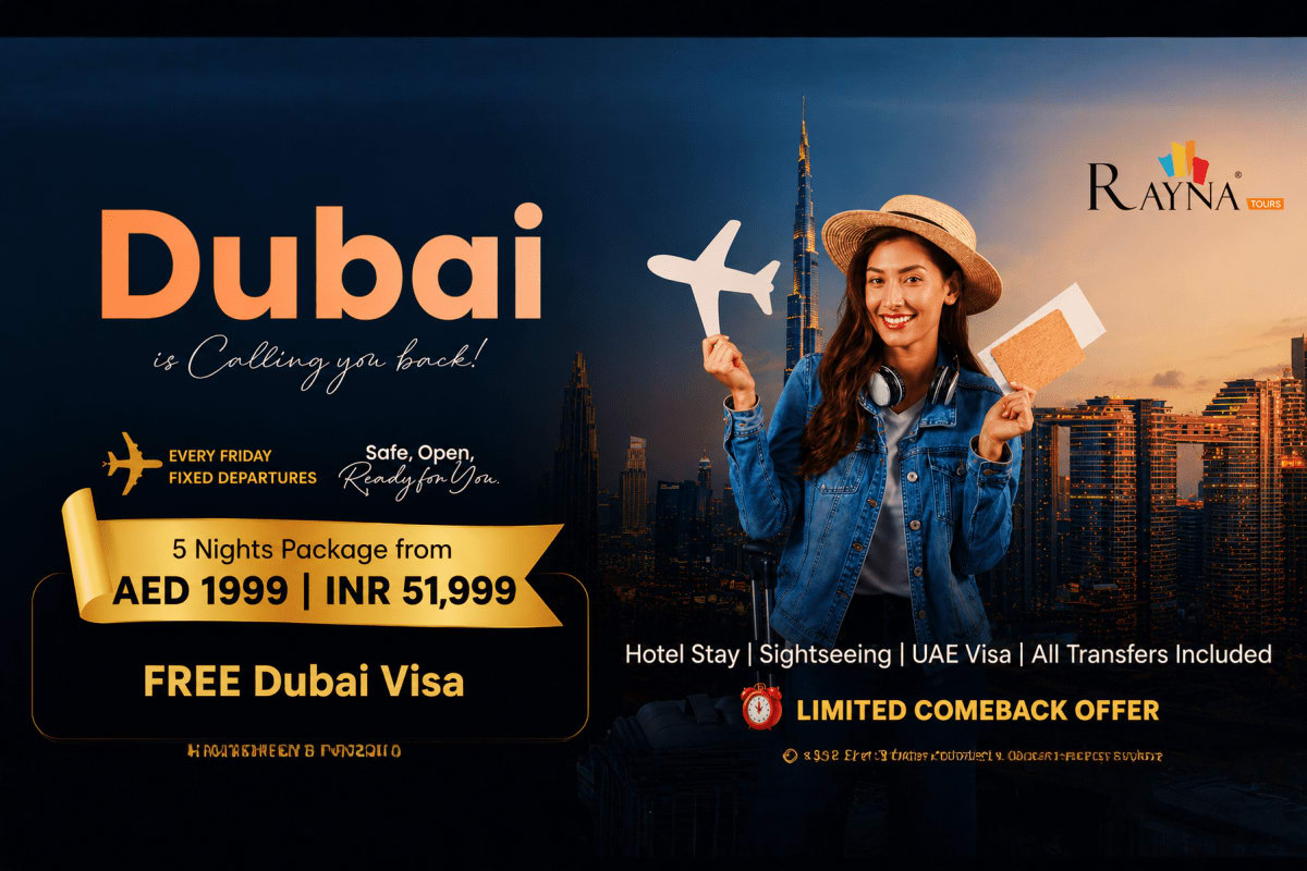 Young woman in denim jacket and straw hat holding airplane toy and passport with Dubai skyline and Burj Khalifa at sunset beh