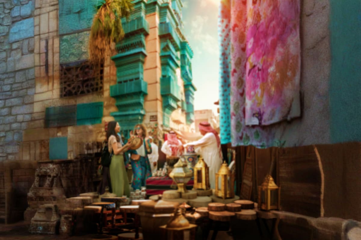 Narrow alley in historic Cairo with colorful buildings, locals in traditional dress, brass vessels, and laundry hanging betwe