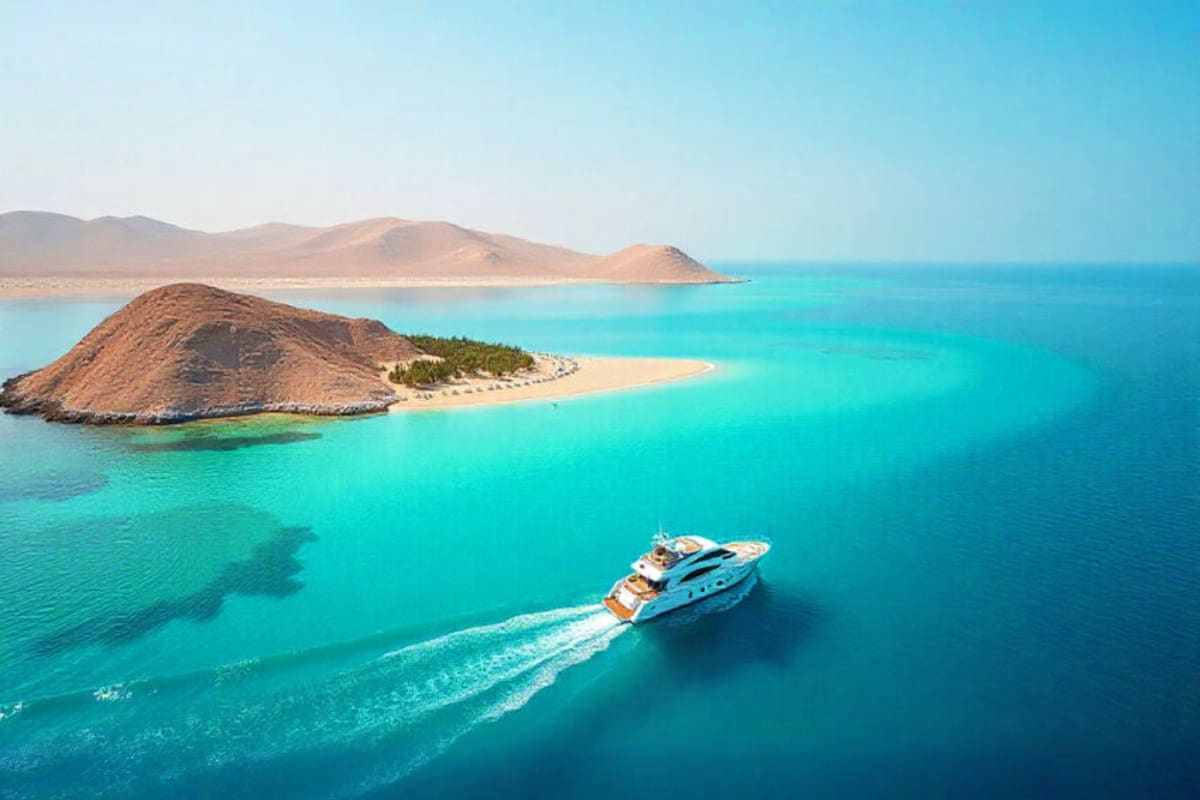 Luxury yacht cruising through turquoise waters near volcanic islands with sandy beaches in the Red Sea