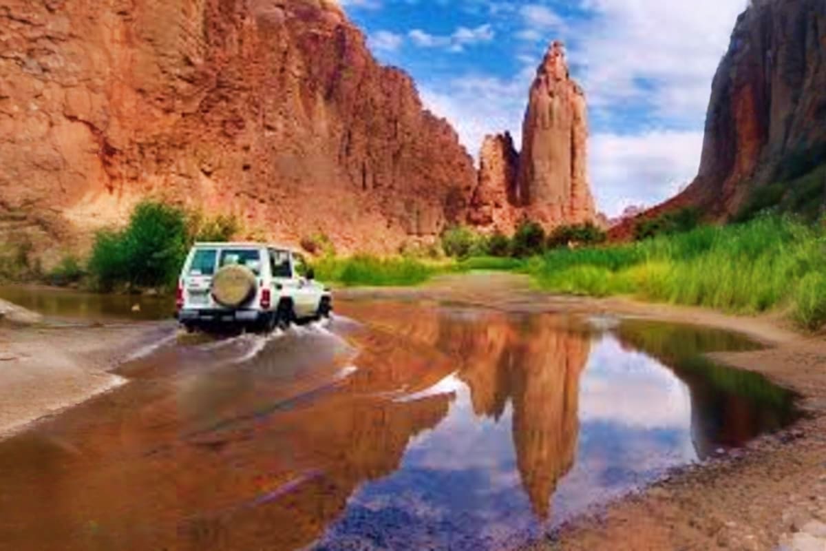 White SUV parked on desert trail beside water reflection with red sandstone canyon cliffs and rock formations in background
