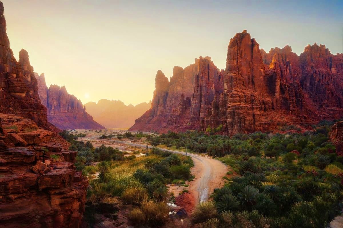 Scenic desert canyon landscape at sunset with towering red rock formations, winding dirt road, and green vegetation in Tabuk 