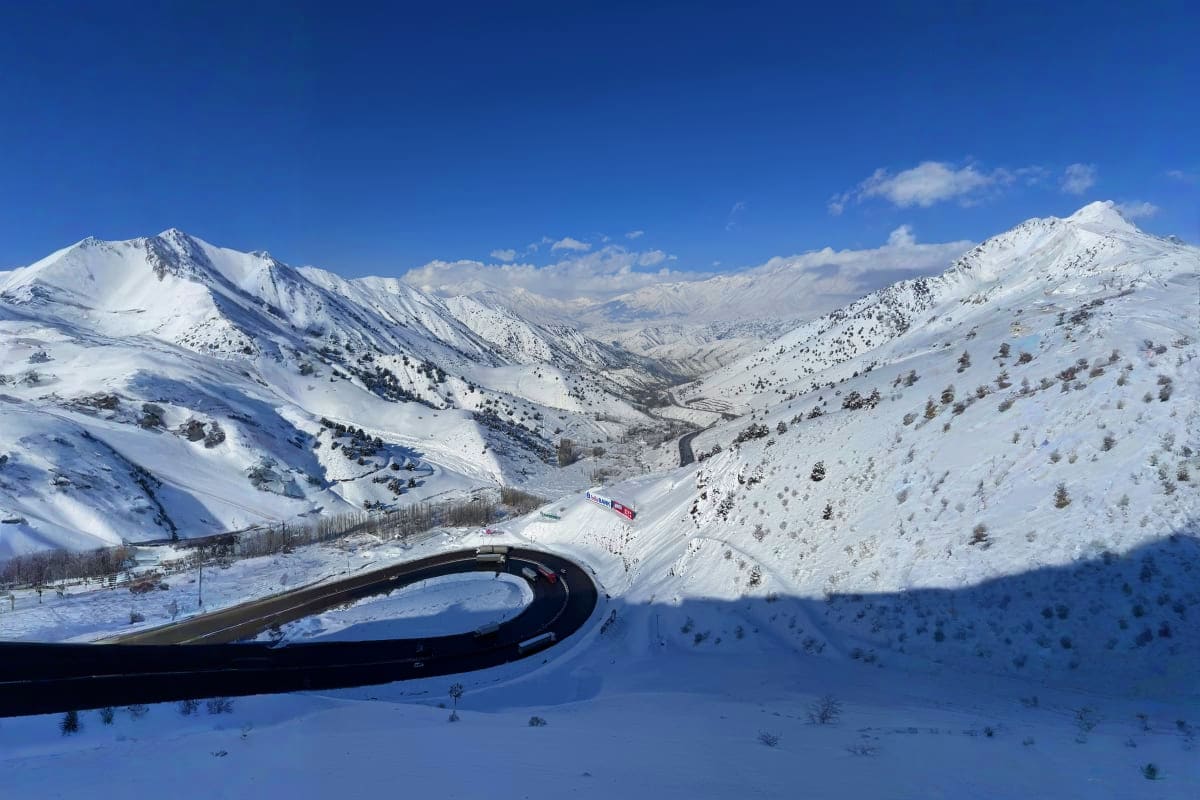 Snow-covered mountain valley with winding road and scattered trees in Uzbekistan's winter landscape under clear blue sky