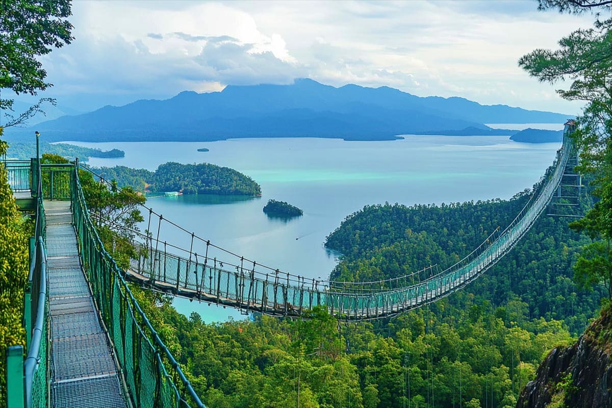 Canopy walkway suspension bridge spanning above lush forest with turquoise lake and mountains in background, Langkawi Malaysi