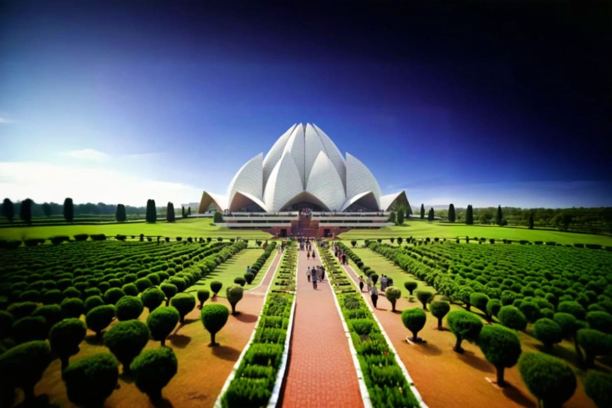 Best of Delhi, Agra, Jaipur with Fatehpur Sikri Lotus Temple in Delhi with symmetrical gardens, manicured hedges, and brick pathway leading to the white marble lotus-shaped