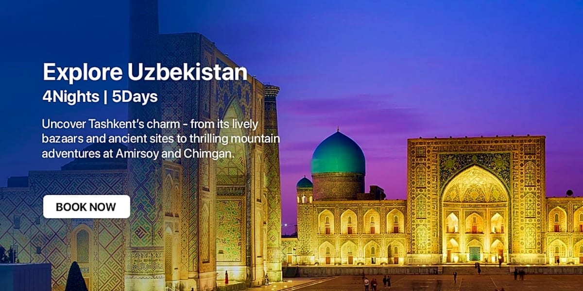 Registan square in Tashkent at dusk with illuminated turquoise domes and ornate Islamic architecture against purple twilight 