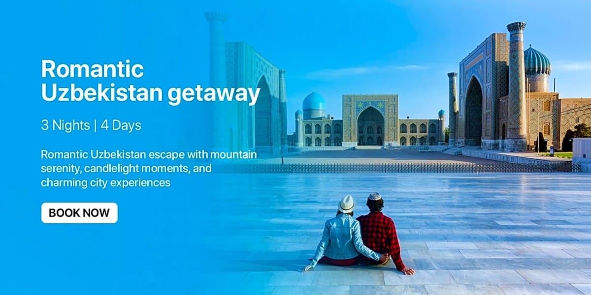 Couple sitting by Registan square in Samarkand, Uzbekistan with blue domed mosques and traditional architecture reflected in 