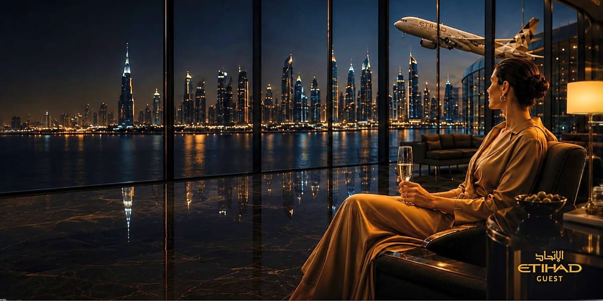 Woman in gold dress holding champagne glass by floor-to-ceiling windows overlooking illuminated Dubai skyline at dusk with ai