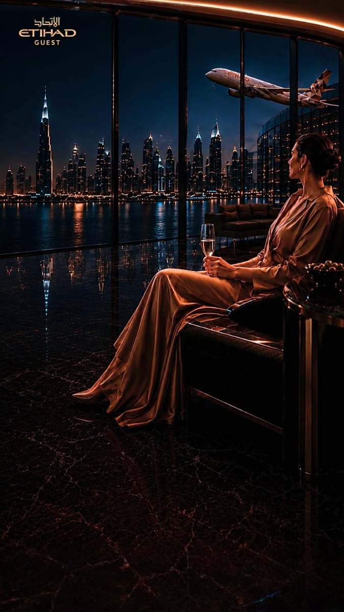 Woman in gold gown holding champagne glass overlooking Dubai skyline at night with Burj Khalifa and Etihad airplane flying ov