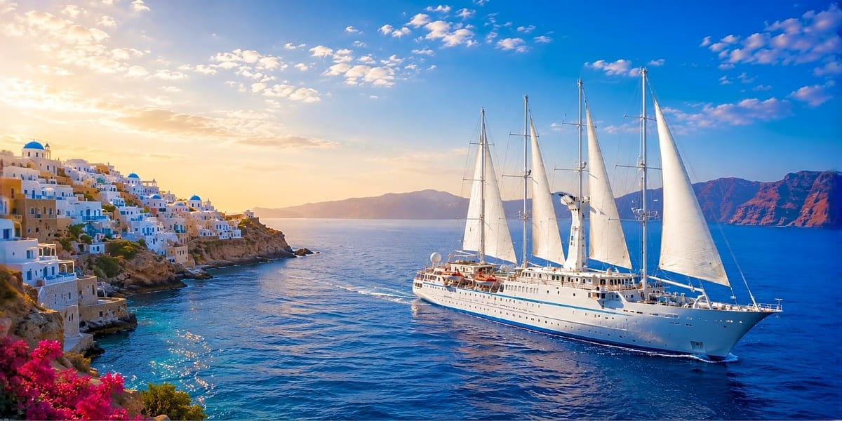 Luxury sailing ship with four white sails anchored near Santorini's whitewashed buildings and blue dome, Mediterranean Sea