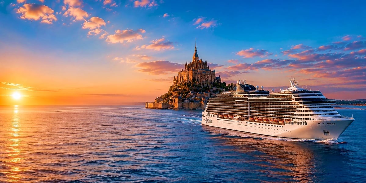 Luxury cruise ship MSC Preziosa sailing past Mont Saint-Michel castle at sunset in Normandy, France