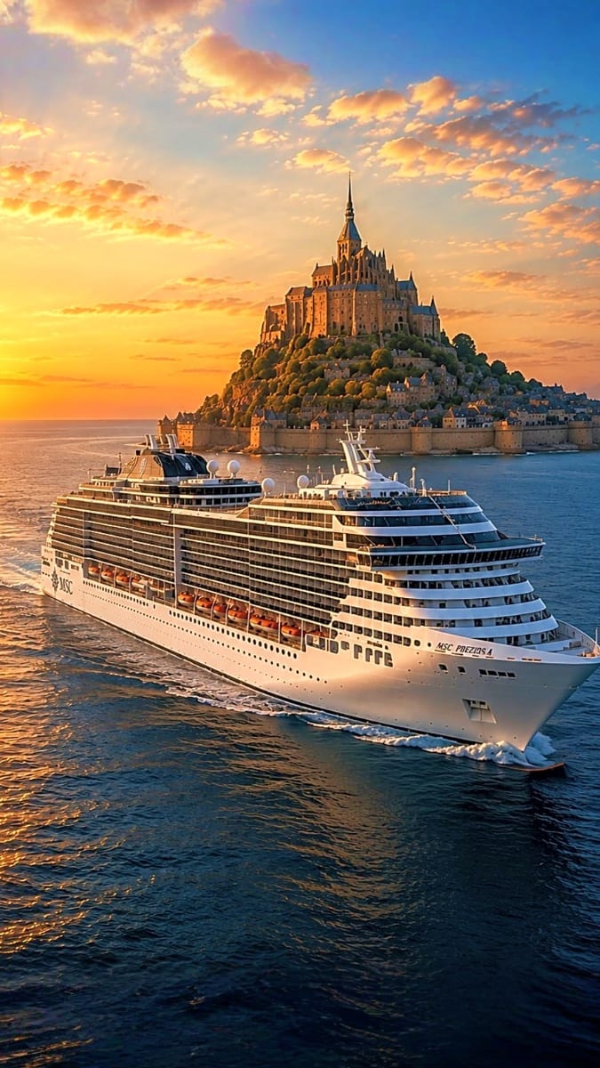 MSC Preziosa cruise ship anchored in front of Mont Saint-Michel castle at sunset with golden sky and blue waters