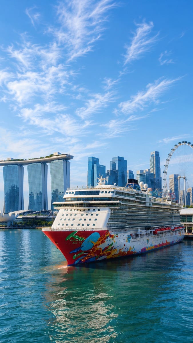 Large cruise ship docked in Singapore harbor with Marina Bay Sands and Singapore Flyer visible in background under clear blue