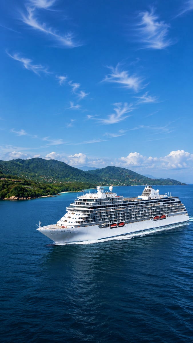 Large white cruise ship anchored in turquoise waters with tropical island coastline and mountains in background under blue sk