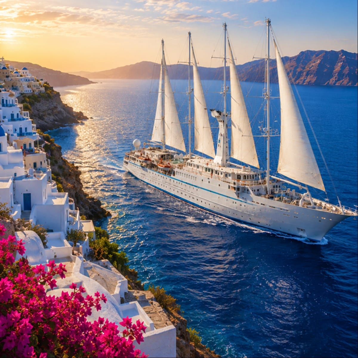 Luxury sailing ship with white sails near whitewashed buildings and pink flowers in Santorini, Greece at sunset