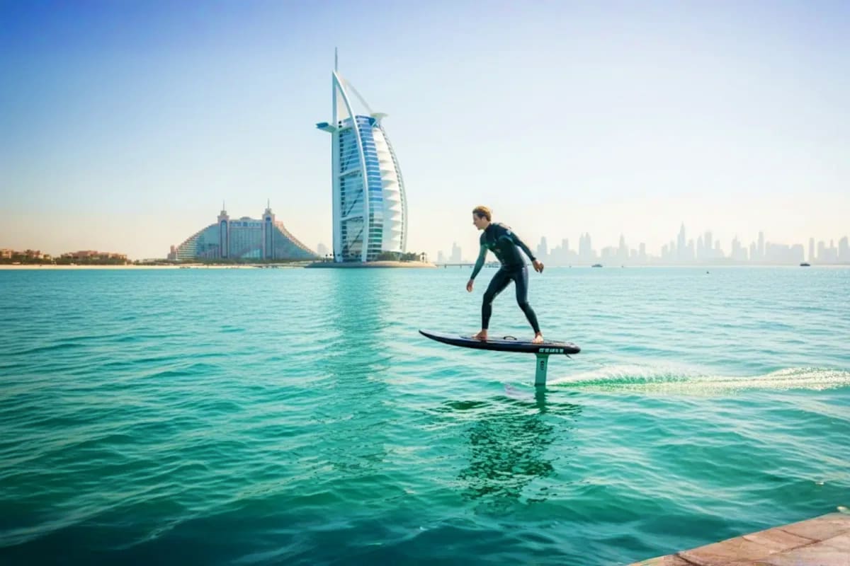 Man on electric hydrofoil surfboard in turquoise water with Burj Al Arab and Dubai skyline in background