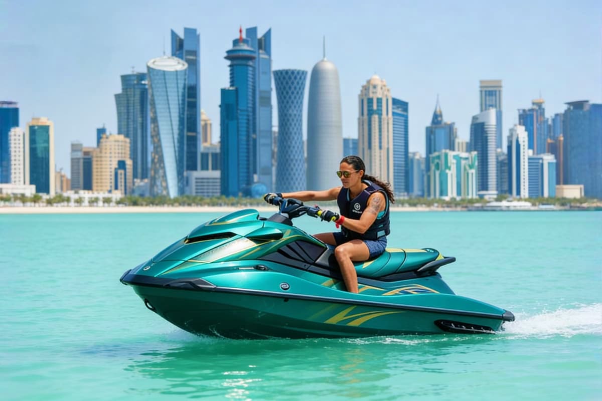 Person riding turquoise jet ski in clear blue water with Abu Dhabi city skyline and beach in background
