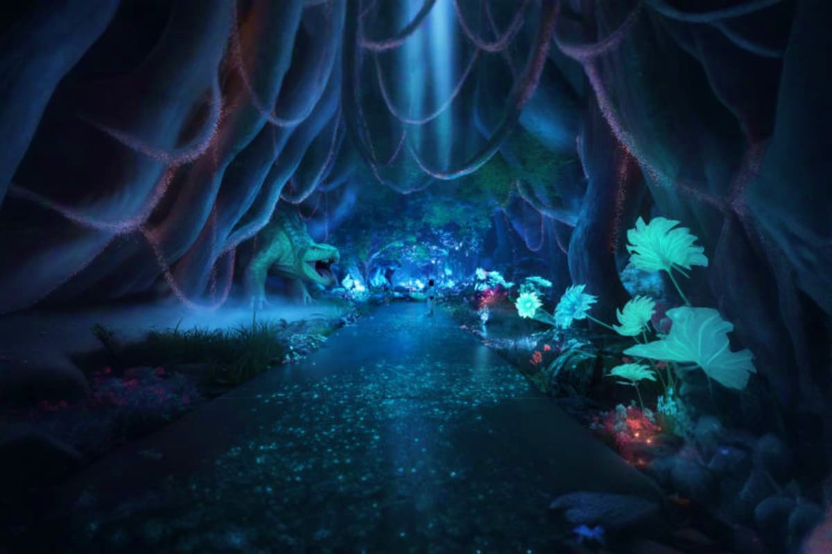 Space and Time Cube Thailand Bioluminescent cave interior with glowing blue plants and crystalline formations along underground pathway