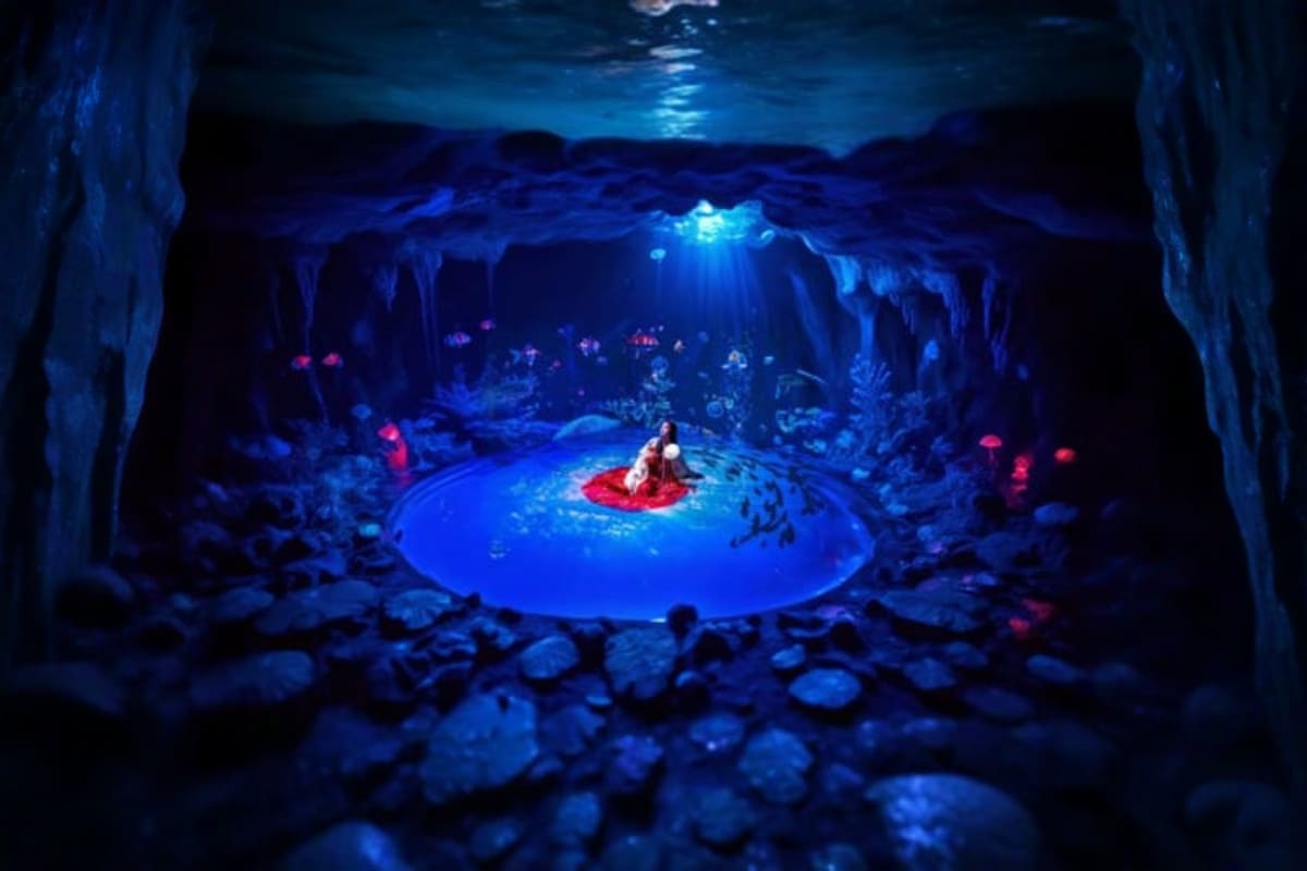 Space and Time Cube Thailand Underwater cave scene with performer in red dress on illuminated circular stage surrounded by bioluminescent jellyfish and ro