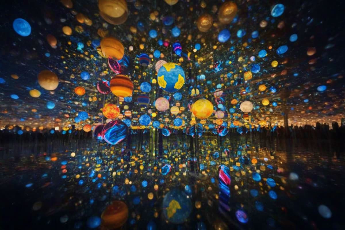 Space and Time Cube Thailand Immersive digital art installation featuring colorful illuminated planets and spheres floating in space with crowds of visito