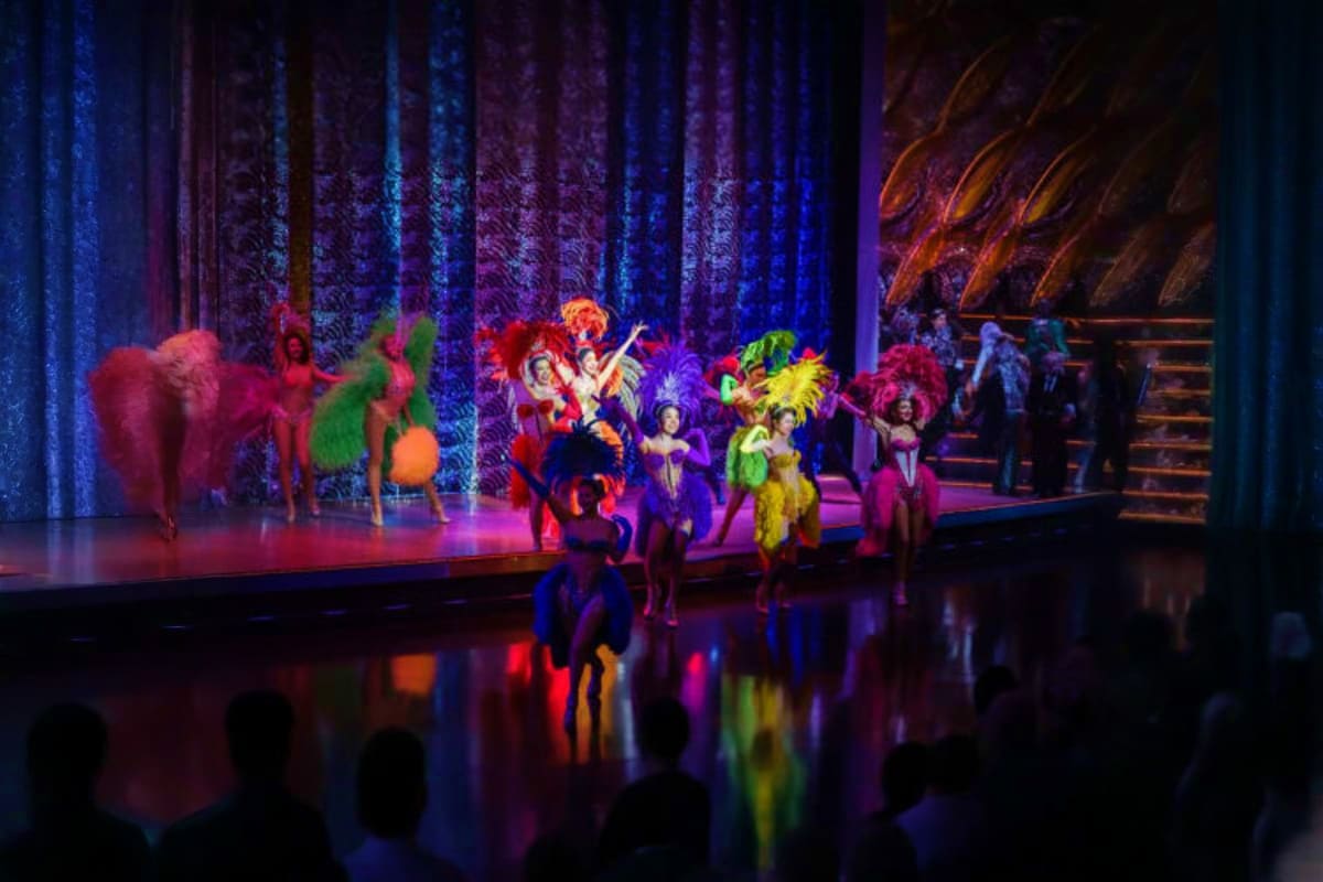 Colorful cabaret dancers in elaborate feathered costumes performing on stage with vibrant lighting and audience silhouettes i