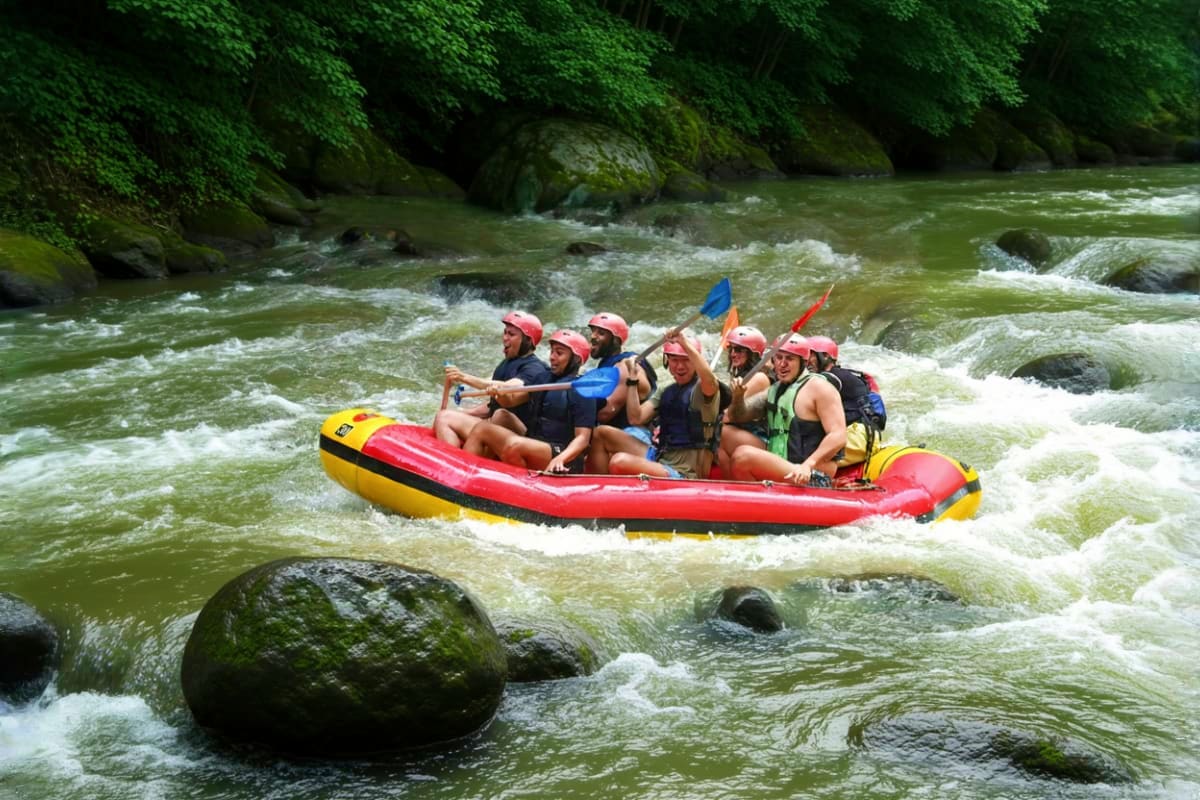 Group of tourists white water rafting in red and yellow raft on rushing river with rocks and lush green vegetation