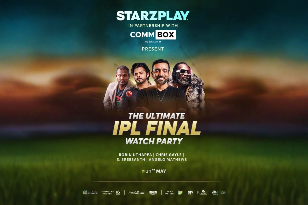 Starzplay IPL Final watch party promotional poster featuring four celebrity hosts against a cricket stadium background, sched