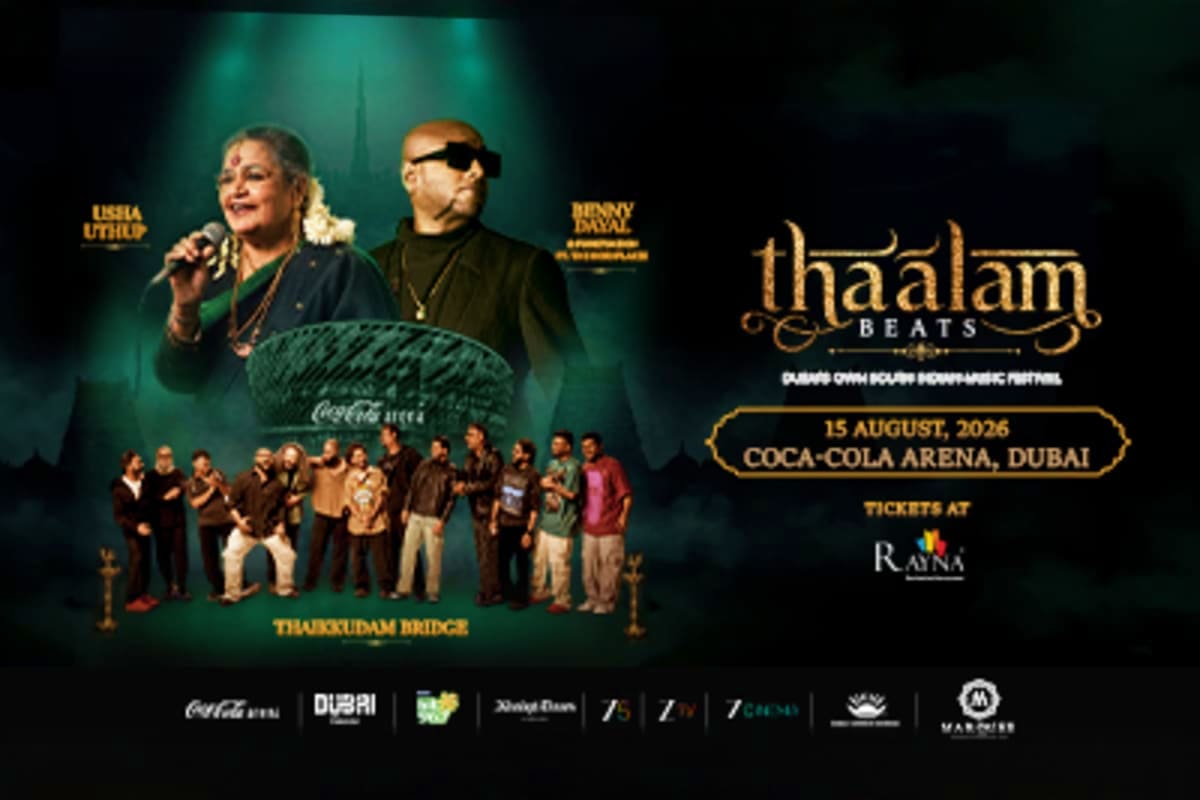 Thaalam Beats music concert promotional poster featuring Usha Uthup and Benny Dayal performing at Coca-Cola Arena Dubai on Au