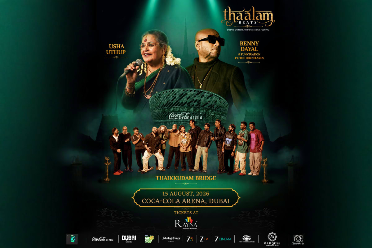 Thaalam Beats music concert promotional poster featuring Usha Uthup and Benny Dayal performing at Coca-Cola Arena Dubai on Au (2)