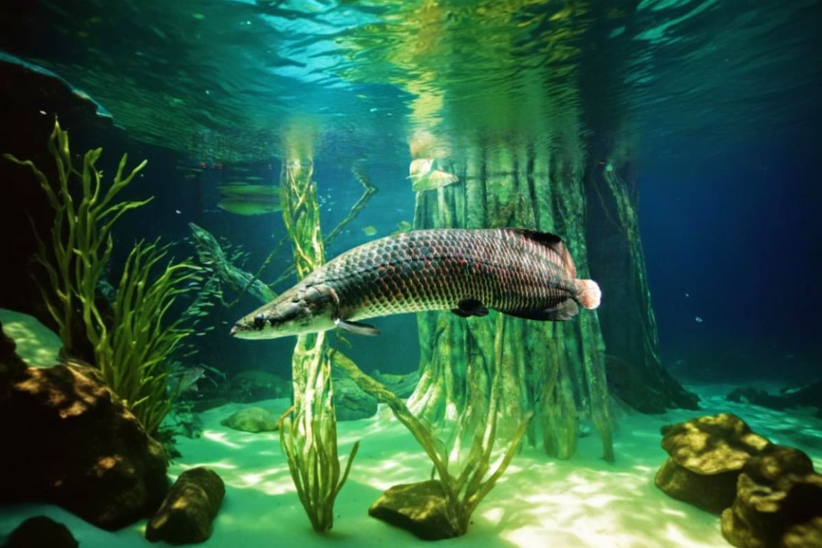 Large prehistoric fish swimming underwater among aquatic plants and wooden structures in Aquaria KLCC tank