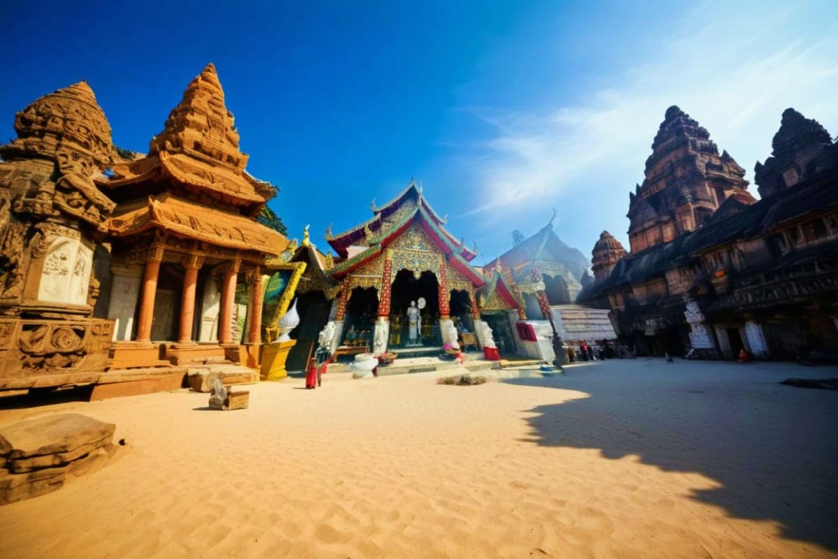 Golden carved temple structures and ornate red-roofed sanctuary at Doi Suthep Temple complex in Chiang Mai, Thailand under bl