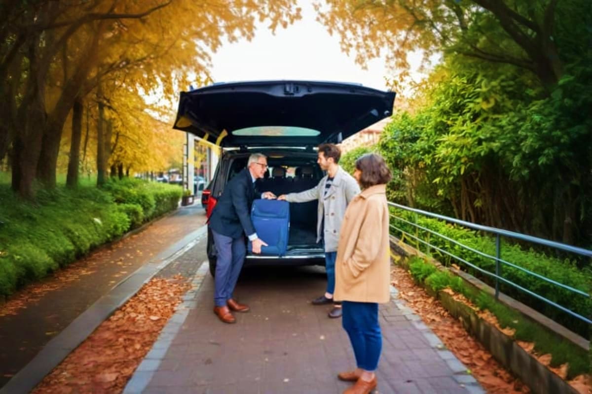 Two Way Transfers for Sunway Lagoon Older man loading blue suitcase into open car trunk while two people stand nearby on tree-lined residential street