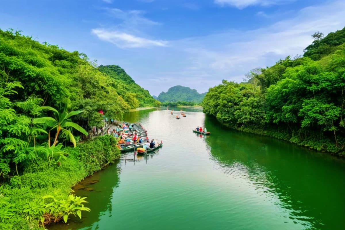 Tourists on bamboo boats navigating through emerald green water surrounded by lush limestone cliffs and dense vegetation in N