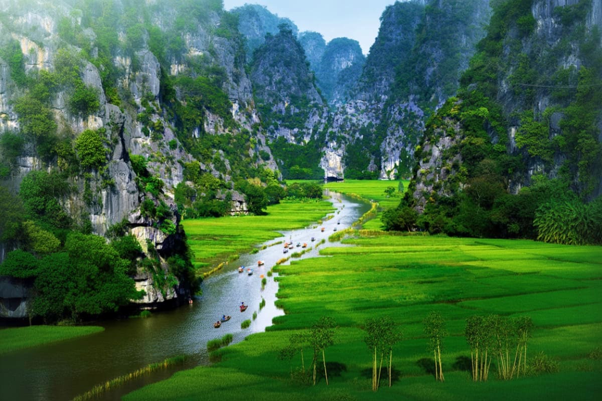 Scenic river landscape with limestone cliffs and green rice paddies in Ninh Binh, Vietnam, featuring traditional boats on wat