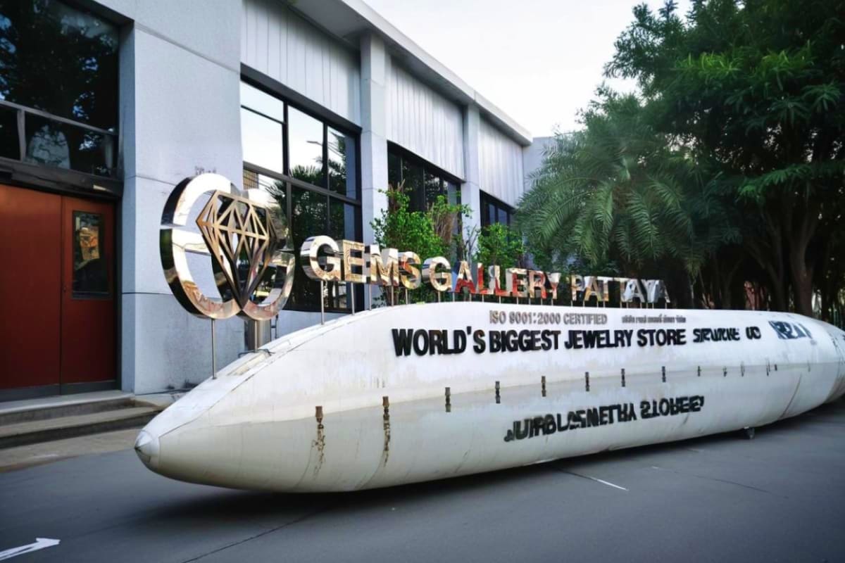 Gems Gallery Pattaya storefront with large diamond logo sign and world's biggest jewelry store marker in Phuket City Tour loc