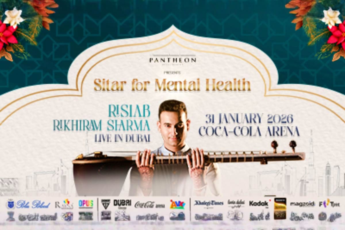 Promotional poster for Sitar for Mental Health concert featuring musician Rishabh Rikhiram Sharma holding a sitar, scheduled