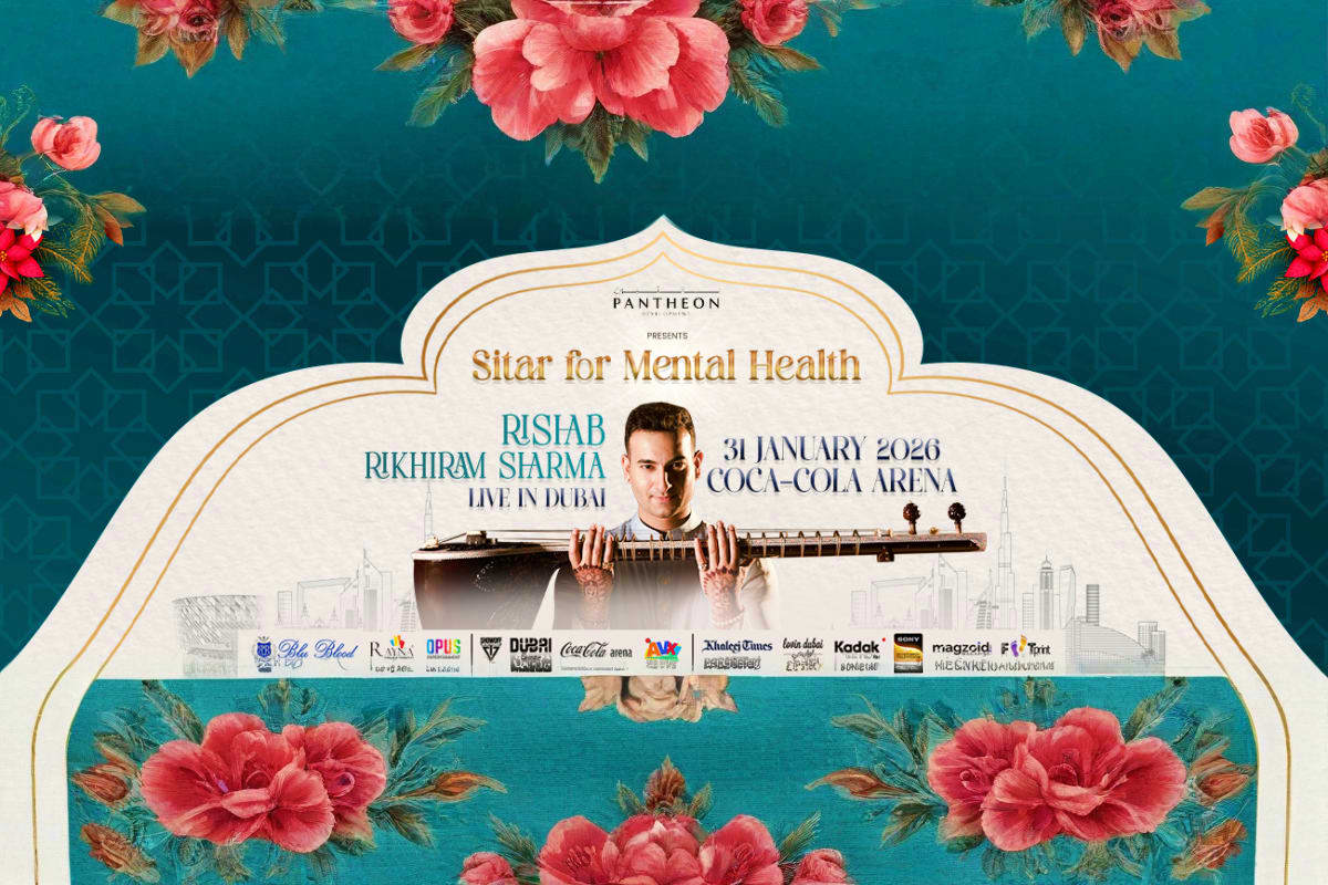 Promotional poster for Sitar for Mental Health concert featuring musician Rishabh Rikhiram Sharma holding a sitar, scheduled (2)