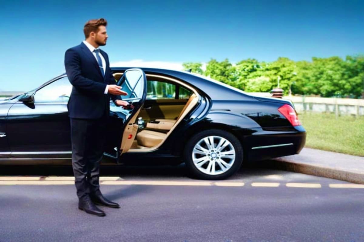 Two way private transfers in Dubai Professional businessman in dark suit standing beside black luxury sedan with open door and beige interior, ready for airport