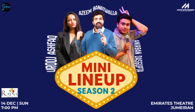 Three comedians posed against dark blue background with yellow "Mini Lineup Season 2" banner for live comedy show at Emirates (2)