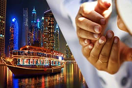 Hands holding dates during iftar with illuminated Dubai Marina skyline and dhow boat reflected in water at dusk