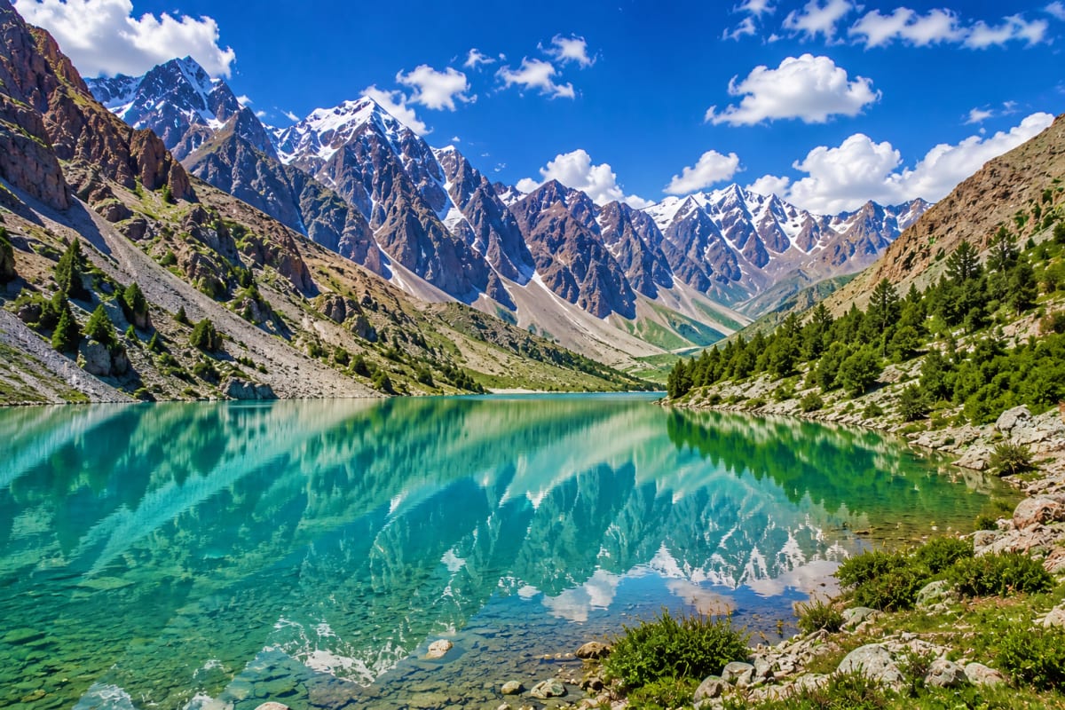 Tajikistan Visa Turquoise alpine lake reflecting snow-capped mountains and evergreen forests in Tajikistan's high-altitude landscape