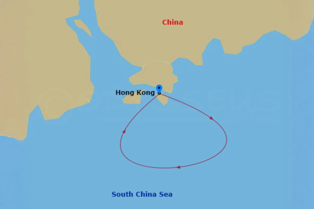 Map showing Hong Kong cruise port with circular route in South China Sea marked with directional arrows