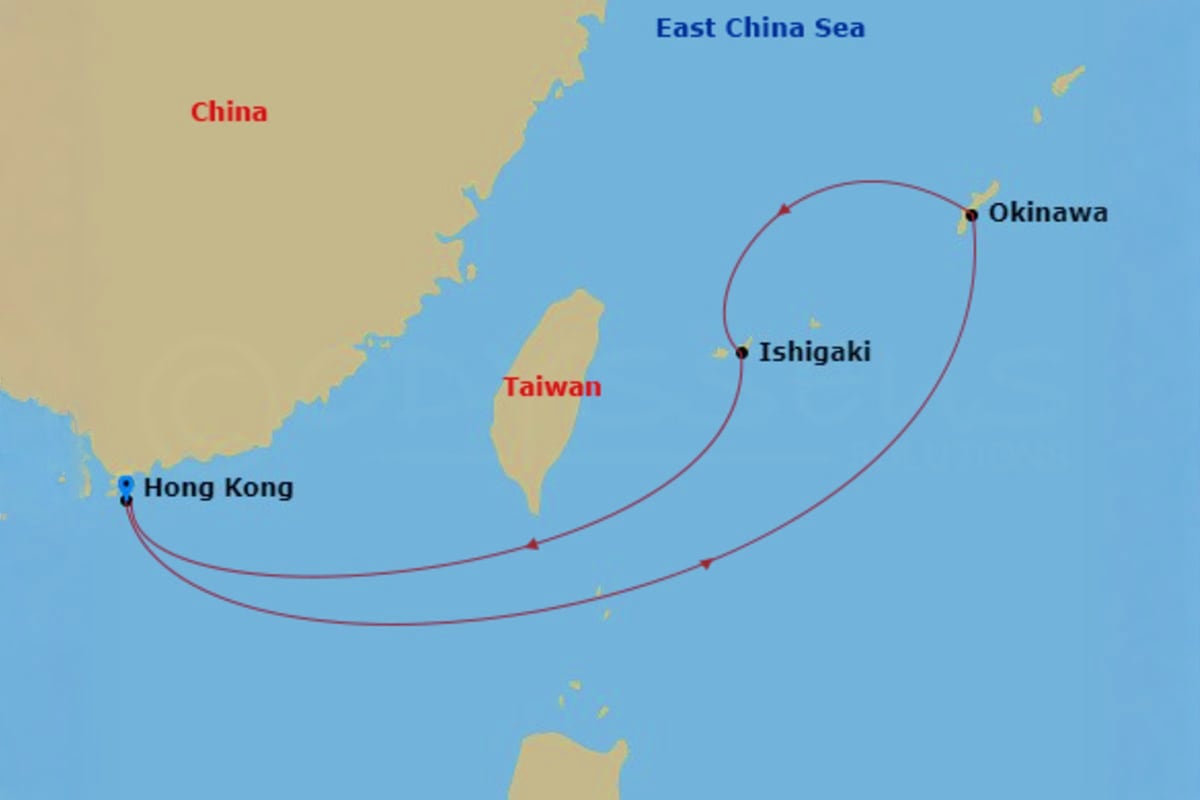 Map of East China Sea showing Spectrum of the Seas cruise route connecting Hong Kong, Taiwan, Ishigaki, and Okinawa ports