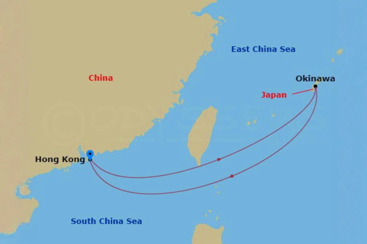 Map showing Spectrum of the Seas cruise route from Hong Kong to Okinawa and Japan across East China Sea and South China Sea