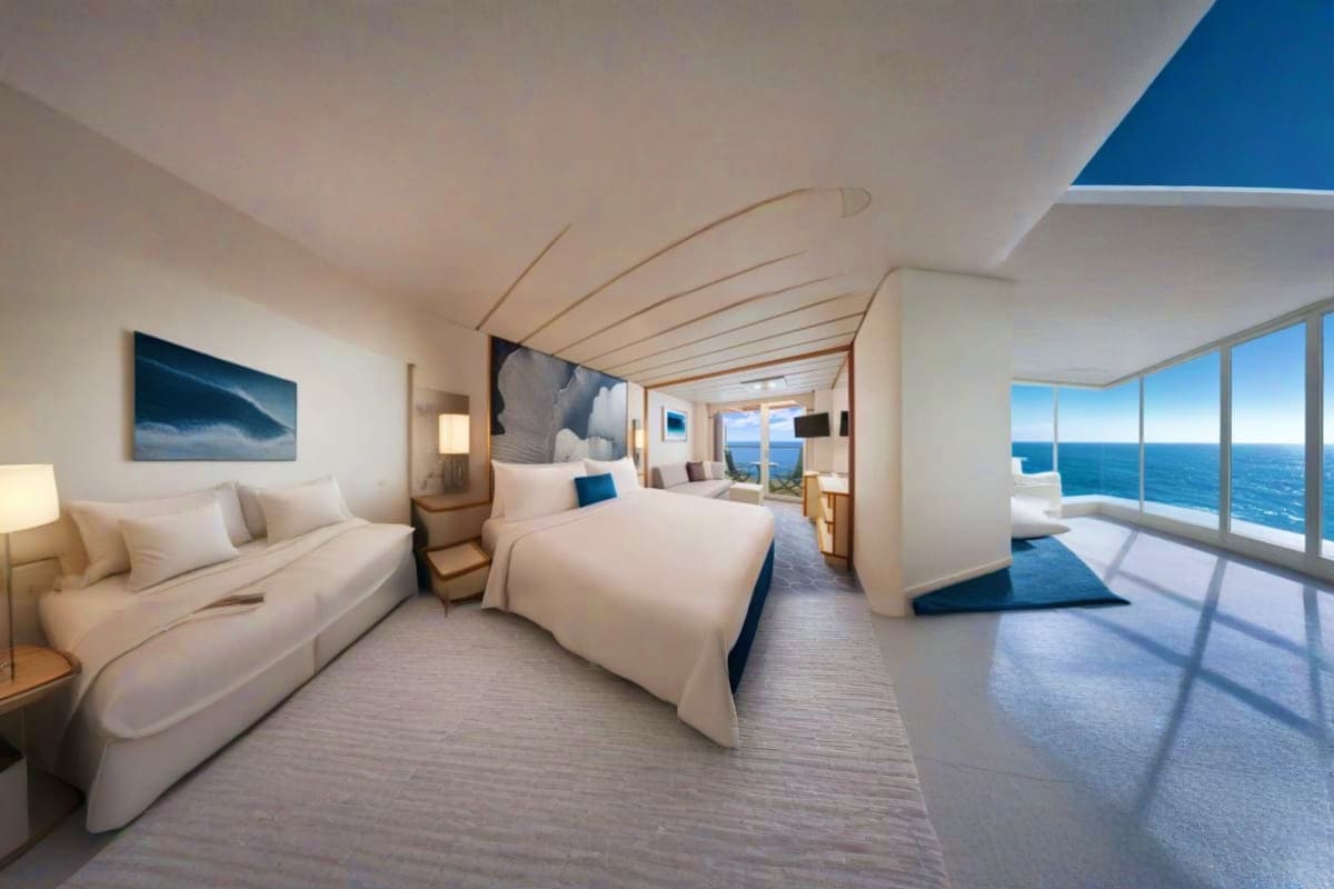 Luxurious cruise ship cabin with ocean view, white bedding, curved ceiling details, and floor-to-ceiling windows overlooking 