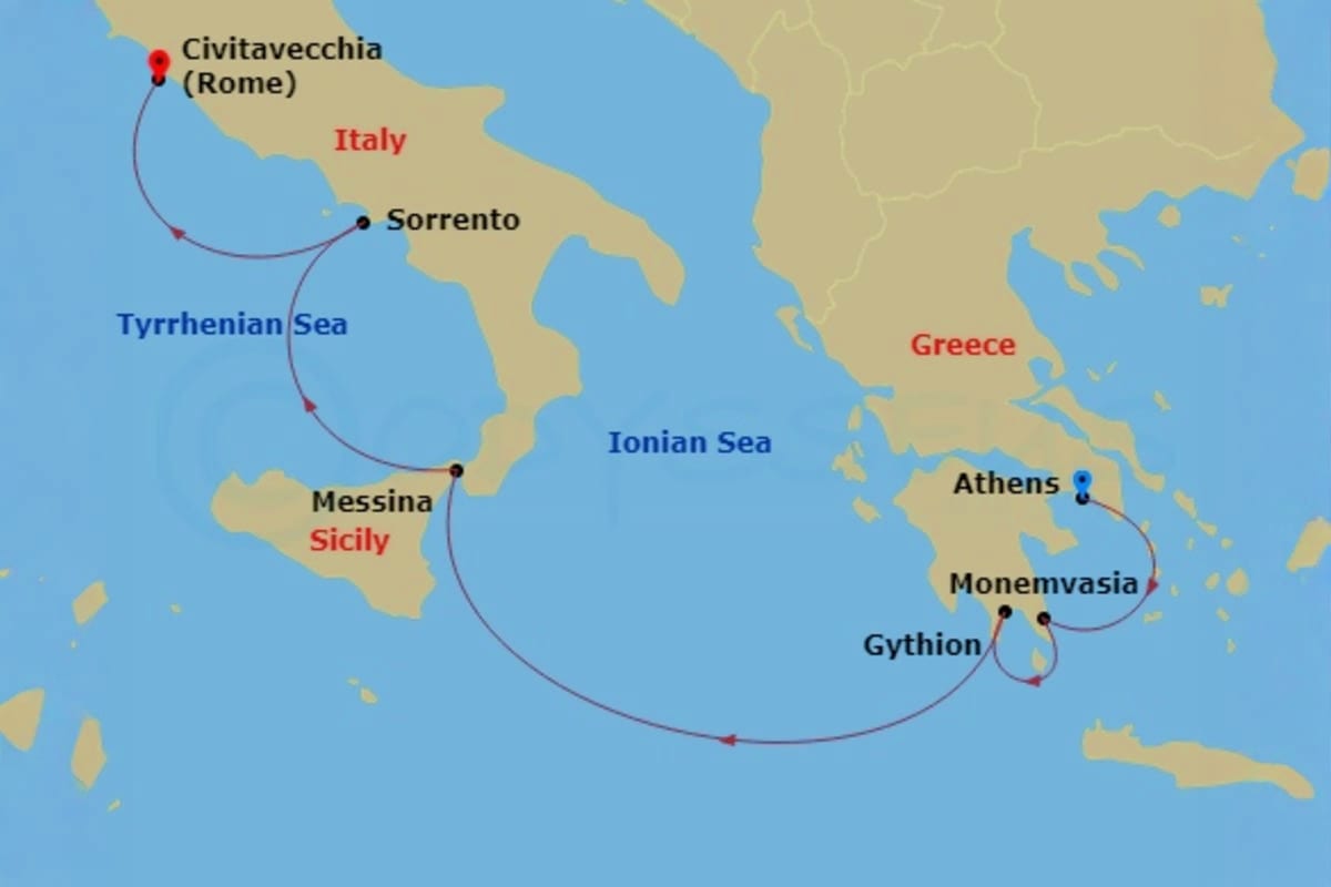 Wind Star Greek Isles Treasures Map of Greek Isles cruise route showing ports including Civitavecchia, Sorrento, Messina, Athens, Monemvasia, and Gythion acr