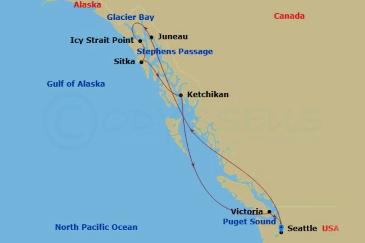 Map of Alaska cruise itinerary showing route from Seattle through Glacier Bay, Juneau, Sitka, Ketchikan, and Victoria with la