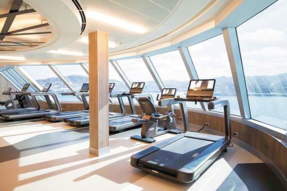Modern cruise ship gym with treadmills and exercise bikes overlooking ocean and mountains through panoramic windows