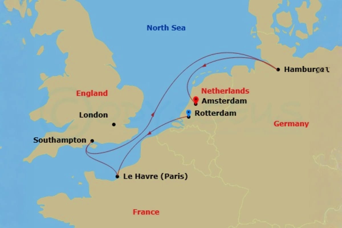 MSC Preziosa Nordic Voyage Map showing MSC Preziosa cruise route across North Sea connecting Southampton, Le Havre, Rotterdam, Amsterdam, and Hamburg po