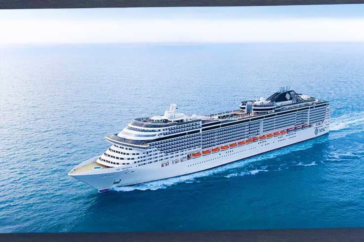 MSC Preziosa Nordic Voyage Large white MSC cruise ship sailing on blue ocean waters under clear sky